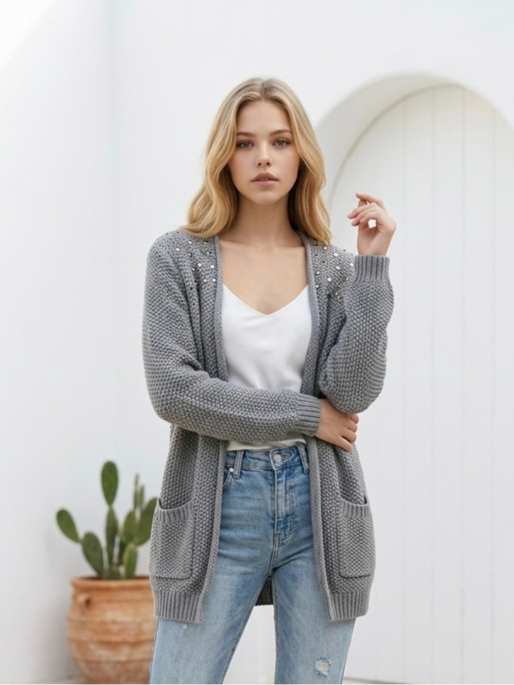 Xhilaration Gray Beaded Open-Front Knit Cardigan
